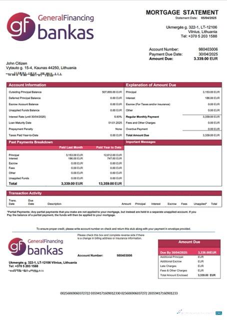 Download Lithuania UAB GF bankas mortgage statement Word and PDF template Photoshop template